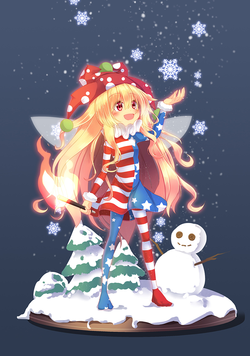 american_flag_dress american_flag_legwear bangs blonde_hair blush clownpiece dress faux_figurine fire frilled_shirt_collar frills full_body hat highres jester_cap long_hair looking_up neck_ruff open_mouth pantyhose red_eyes short_dress simple_background smile snow snowflakes snowing snowman solo standing striped striped_dress torch touhou touhou_sangetsusei tree very_long_hair z.o.b