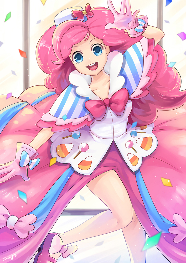 amy30535 blue_eyes bow bowtie candy candy_corn commentary confetti food gala_dress gloves lollipop my_little_pony my_little_pony_friendship_is_magic personification pink_hair pinkie_pie smile solo
