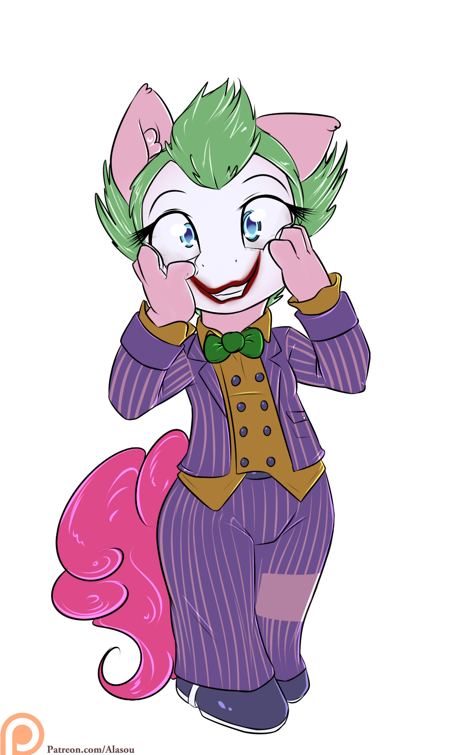 2015 alasou anthro anthrofied batman_(series) blue_eyes clothing cosplay earth_pony equine face_paint female friendship_is_magic green_hair grin hair hi_res horse mammal my_little_pony patreon pinkie_pie_(mlp) pony simple_background smile solo the_joker