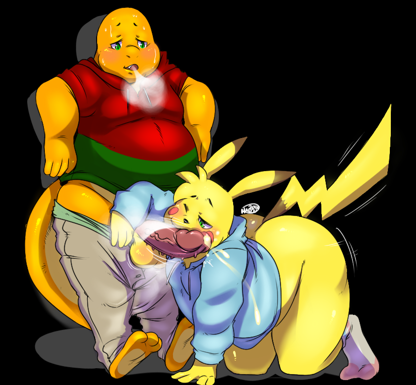 all_fours anthro anthrofied assisted_exposure barefoot bottomless charmander clothed clothing cum cumshot duo ero_(character) fan_character hadou leaning_ball legwear looking_down looking_pleasured male male/male mammal motion_lines nintendo one_eye_closed open_pants orgasm overweight panting penis pikachu pok&eacute;mon rodent satsui-n0-had0u scalie shirt sideways_oral socks standing sweat underwear vein veiny_penis video_games