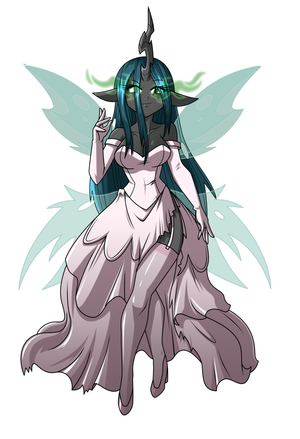 2016 alpha_channel anthro anthrofied breasts changeling cleavage clothed clothing danmakuman dress elbow_gloves eye_mist female friendship_is_magic gloves green_eyes green_hair hair holes legwear long_hair my_little_pony queen_chrysalis_(mlp) simple_background solo stockings transparent_background wings