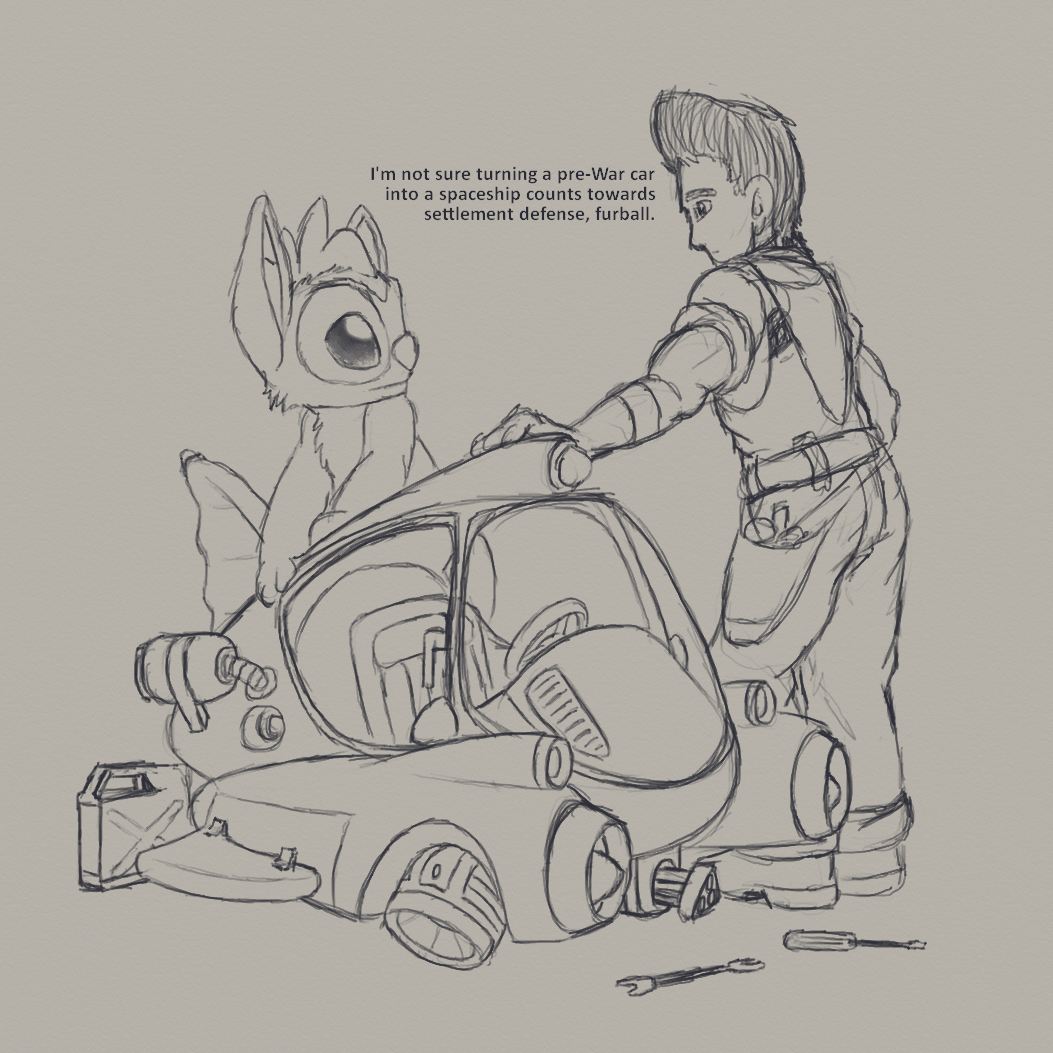 alien anthro crossover dialogue disney english_text experiment_(species) eye_contact fallout fan_character human lilo_and_stitch mammal mechanic monochrome ovni petrock size_difference spacecraft sturges text vehicle video_games