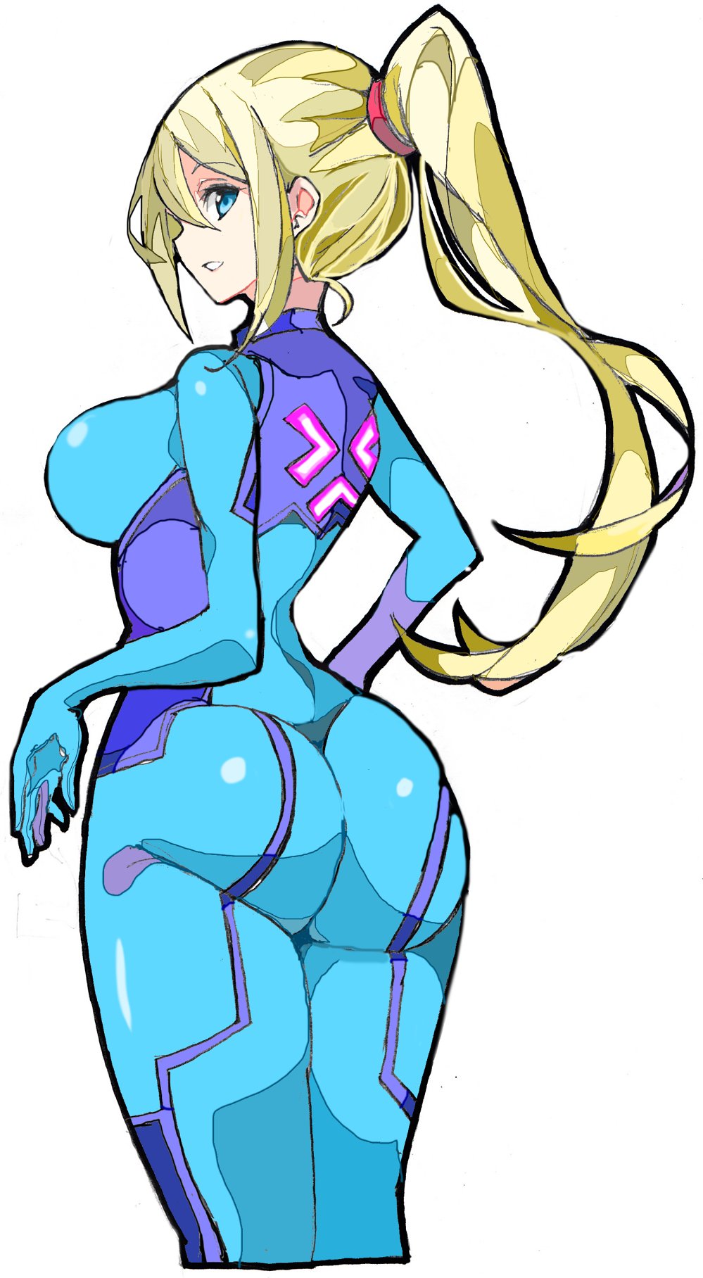 1girl ass blonde_hair blue_bodysuit blush bodysuit enpe gun high_ponytail highres impossible_bodysuit impossible_clothes looking_at_viewer metroid mole mole_under_mouth nintendo ponytail samus_aran shiny shiny_clothes simple_background skin_tight smile solo super_smash_bros. weapon white_background zero_suit