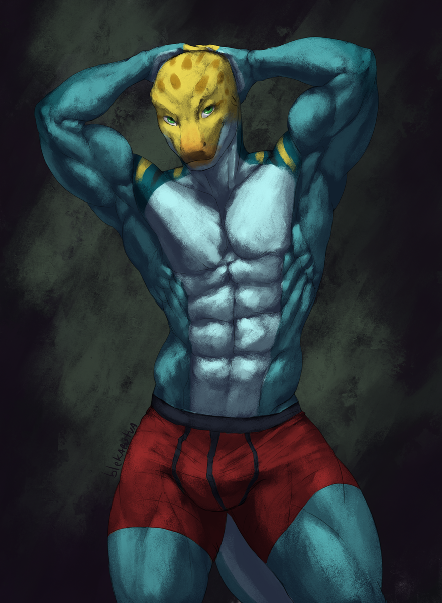 2015 5_fingers abs anthro armpits athletic biceps big_muscles blekarotva blue_scales boxer_briefs bulge clothed clothing collared_lizard digital_media_(artwork) front_view grin hand_behind_head hands_behind_head lizard looking_at_viewer male monroe_(monroethelizard) muscular muscular_male pecs pose reptile scales scalie solo standing underwear yellow_scales