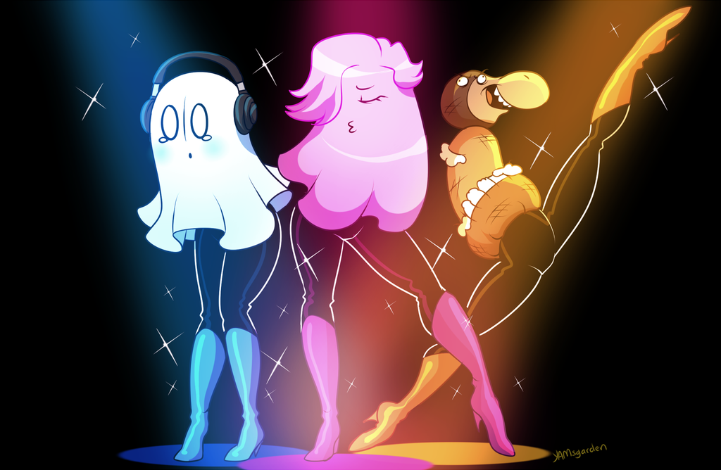 ambiguous_gender blush boots clothing cousins eyes_closed footwear ghost group hair headphones mad_dummy male mettaton napstablook spirit undertale video_games yam_(artist)