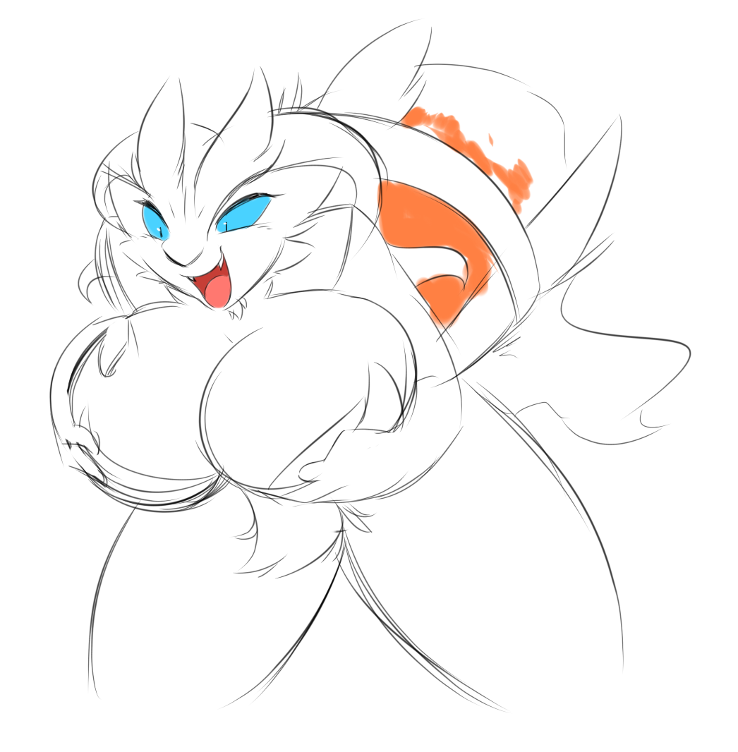 anthro averyshadydolphin big_breasts big_mouth blue_eyes breasts fangs female fingers fur happy holding_breast legendary_pok&eacute;mon looking_down mega_milk nintendo open_mouth orange_fur pok&eacute;mon pose reshiram smile solo teeth thick_thighs tongue video_games white_fur