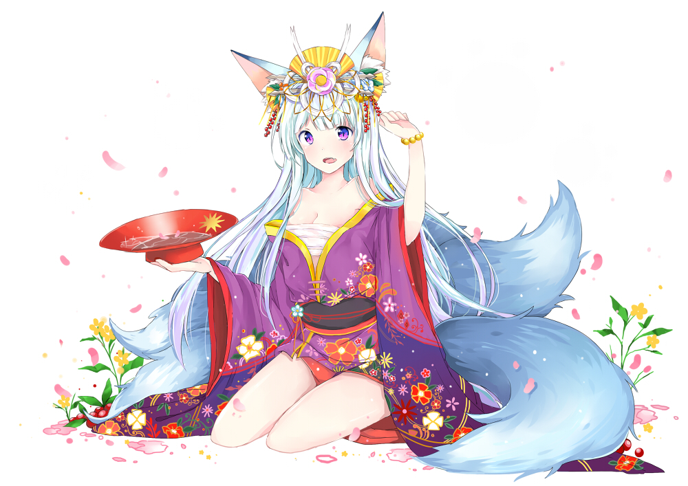 animal_ears bare_legs bare_shoulders breasts cleavage cup fang flower fox_ears fox_tail hair_ornament hand_up headdress japanese_clothes kimono long_hair medium_breasts mitsuki_(p&amp;d) mo_(k40633) multiple_tails open_mouth petals purple_eyes puzzle_&amp;_dragons sakazuki sarashi silver_hair sitting slit_pupils solo tail wariza white_background