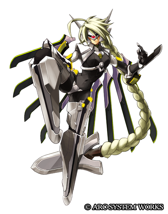 ahoge android armor blade blazblue blazblue:_continuum_shift blonde_hair bodysuit braid crotch_plate fighting_stance frown full_body glowing glowing_eye hair_ornament hair_weapon katou_yuuki lambda-11 leg_up long_hair mask mecha_musume navel official_art red_eyes robot_ears single_braid single_eye solo standing standing_on_one_leg strapless_bottom thighhighs transparent_background very_long_hair visor weapon wings
