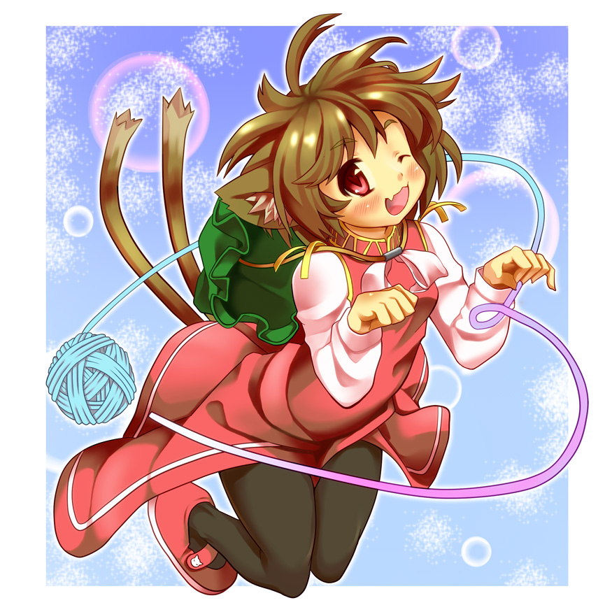 animal_ears brown_hair cat_ears cat_tail chen hat multiple_tails niji_sugi pantyhose red_eyes short_hair solo tail touhou