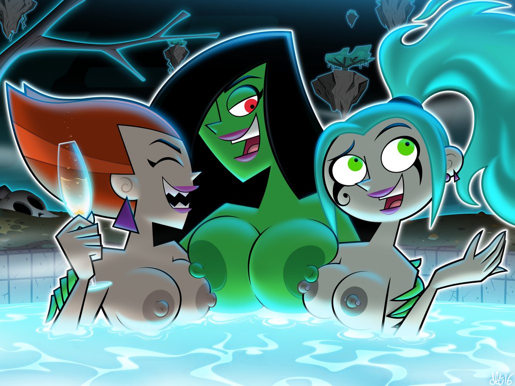 big_breasts black_hair blue_hair breasts danny_phantom desiree dltoon ember_mclain eyes_closed female green_eyes green_skin hair nipples nude one_eye_closed orange_hair penelope_spectra purple_lips red_eyes