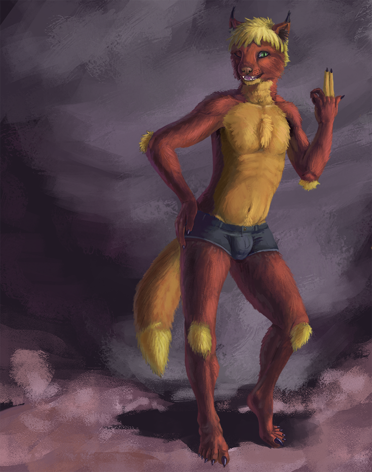 2015 anthro blonde_hair brown_fur claws clothed clothing feline fur green_eyes hair lynx male mammal one_eye_closed open_mouth red_fur shorts slit_pupils solo spectrumshift teeth toe_claws tongue topless tuft vikbys wink yellow_fur