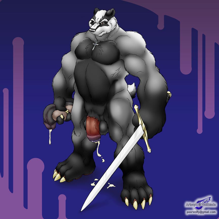 anthro badger balls castration claws cross cum fur genital_mutilation humanoid_penis jewelry male mammal melee_weapon muscular mustelid mutilation necklace nullification pecs pendant penectomy penis solo sword thick_penis violence weapon what wolfblade