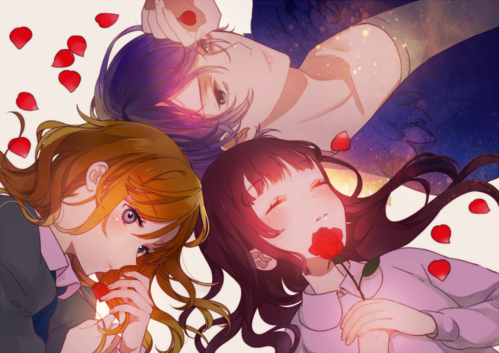 2girls bad_id bad_pixiv_id blonde_hair blue_eyes brown_hair flower garry_(ib) hair_over_one_eye ib ib_(ib) long_hair mary_(ib) multiple_girls petals purple_hair red_flower red_rose rose shimacchaoune short_hair