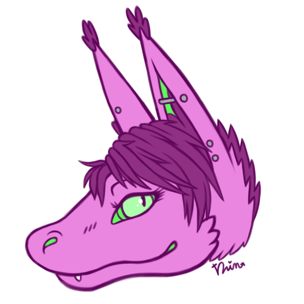 2015 alpha_channel dragon ear_piercing ear_tuft eyelashes fangs female fur furred_dragon godheadharley green_eyes hair headshot industrial inner_ear_fluff looking_at_viewer piercing pink_fur pink_hair signature simple_background slit_pupils smile solo transparent_background tuft