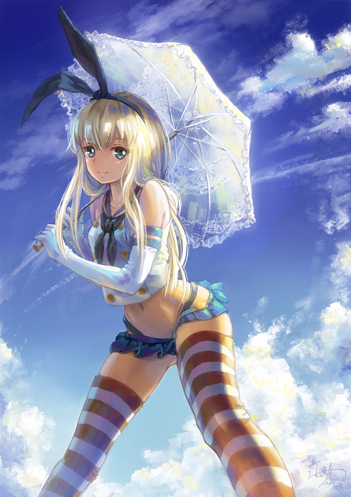 blonde_hair blue_eyes cloud crop_top crop_top_overhang day elbow_gloves gloves hairband kantai_collection long_hair md5_mismatch midriff miyai_haruki navel school_uniform serafuku shimakaze_(kantai_collection) sky smile solo umbrella