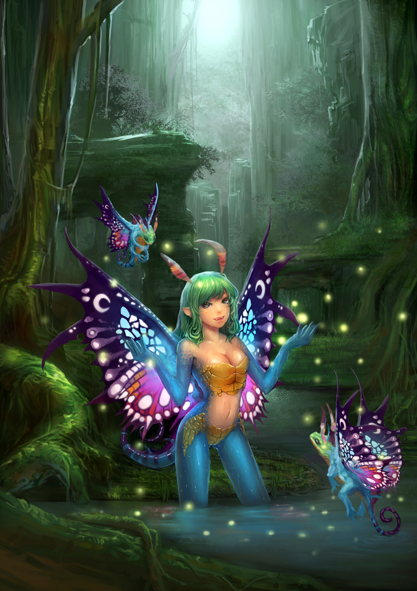 creek faerie_dragon female forest moss pointy_ears tree unknown_artist vines wings