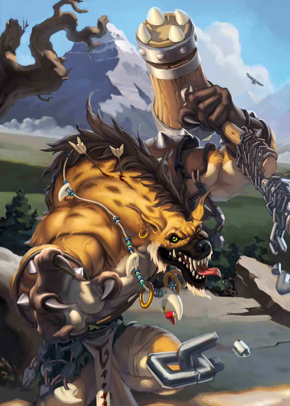 2015 4_fingers abs action_pose anthro armband armor arrow avian biceps big_muscles bird black_nose blood bracelet brown_fur chain claws clothed clothing cloud detailed detailed_background digital_media_(artwork) ear_piercing eye_scar fangs fur gnoll hammer jewelry legband loincloth looking_at_viewer mountain multicolored_fur muscular necklace open_mouth outside pecs piercing pigeon scar sharp_teeth sky solo spikes spots standing teeth tobe_qian tongue tongue_out tools topless tree unconvincing_armor vein warrior white_fur wounded yellow_eyes yellow_fur