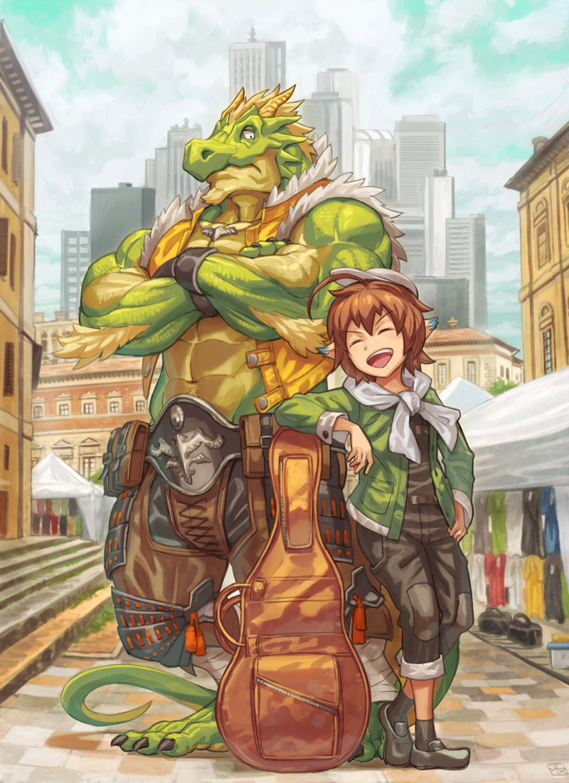 abs building closed_eyes cloud crossed_arms day dragon_boy guitar_case hat instrument_case monster_boy navel open_mouth original pointy_ears road skyscraper smile street yamamoto_shikaku