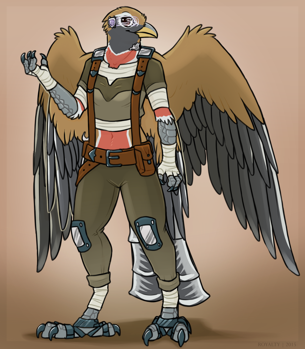 2015 4_toes anthro avian bandage beak belt biped bird bird_feet black_feathers black_wings breasts brown_background brown_feathers brown_wings claws clothed clothing countershade_face countershade_torso countershading crop_top digital_drawing_(artwork) digital_media_(artwork) feathers female fully_clothed grey_beak grey_countershading grey_feathers grey_tail knee_pads lighting looking_aside looking_away midriff multicolored_feathers multicolored_wings navel non-mammal_breasts pants red_countershading red_feathers royalty_(artist) science_fiction shadow shirt simple_background small_breasts smile solo standing suspenders tail_feathers talons toe_claws toes trogon trogonid two_tone_beak two_tone_tail utility_belt visor white_feathers white_tail white_wings wings yellow_beak zygodactyl
