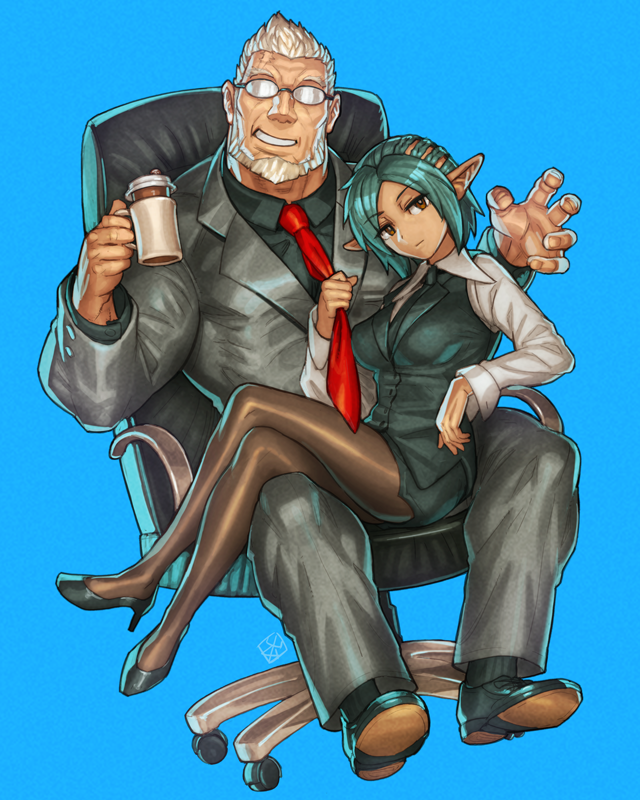 1girl aqua_hair beard blue_background chair cup elf facial_hair formal glasses grey_hair half-closed_eyes high_heels jitome mug necktie necktie_grab neckwear_grab on_lap original pantyhose pointy_ears simple_background sitting smile yamamoto_shikaku