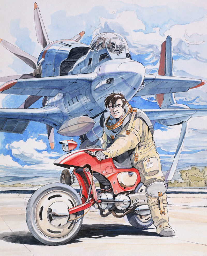 80s aircraft astronaut black_eyes boots brown_hair cable canards canopy cloud cockpit day engine epic gainaxtop gloves ground_vehicle gun honneamise_no_tsubasa hose looking_at_viewer machine_gun machinery male_focus marker_(medium) motor_vehicle motorcycle mountain official_art oldschool production_art propeller realistic sadamoto_yoshiyuki scan schira-dow_3rd science_fiction shadow shirotsugh_lhadatt solo spacesuit tire traditional_media tree tube weapon