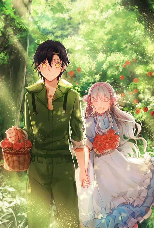 1girl :d ^_^ apron bangs basket belt black_hair blue_dress blurry bow buckle bush closed_eyes closed_mouth collarbone day depth_of_field dress flower forest frills grey_hair hair_between_eyes hair_bow hair_ornament hairband hairclip hetero holding holding_flower holding_hands hood hood_down jumpsuit kagerou_project kozakura_marry laughing leclle light_particles long_hair nature open_mouth outdoors red_eyes red_flower red_rose rose rose_bush seto_kousuke sleeves_folded_up sleeves_rolled_up smile sunlight tree walking white_apron yellow_eyes