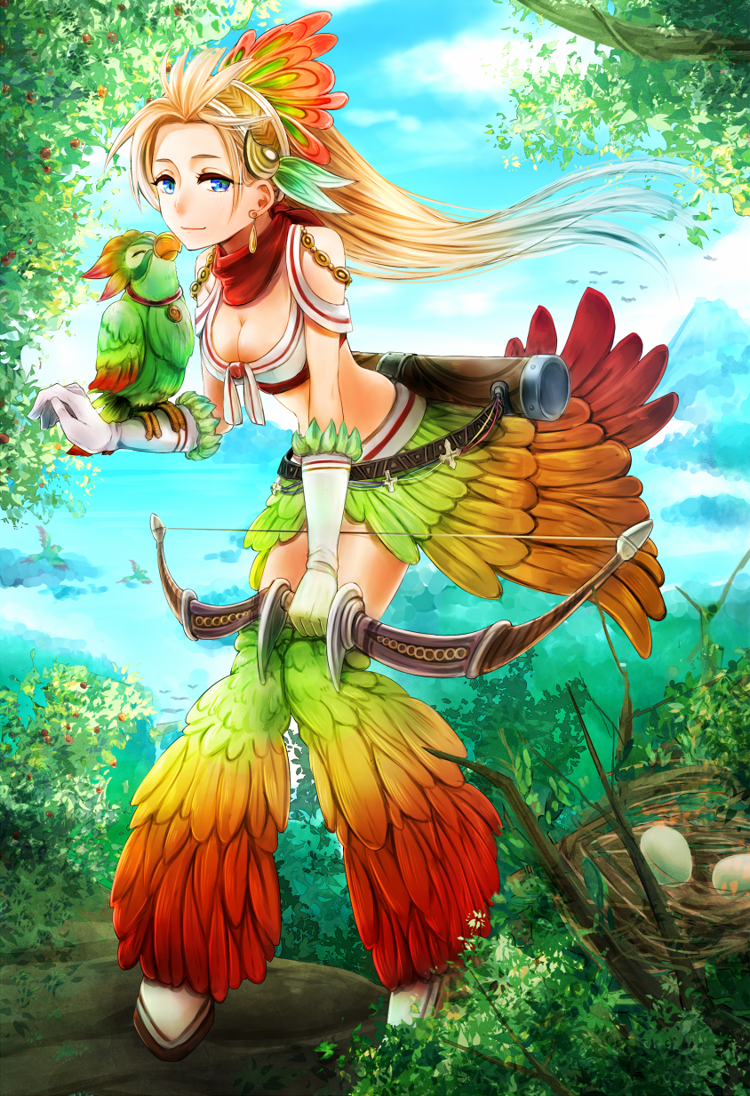 animal_on_arm bent_over bird bird_on_arm blonde_hair blue_eyes blue_sky bow_(weapon) breasts bush chain_chronicle cleavage day earrings egg feathers front-tie_top gloves headdress highres jewelry lake long_hair medium_breasts midriff mountain nest quiver skirt sky smile solo sumimoto_ryuu tree weapon white_gloves