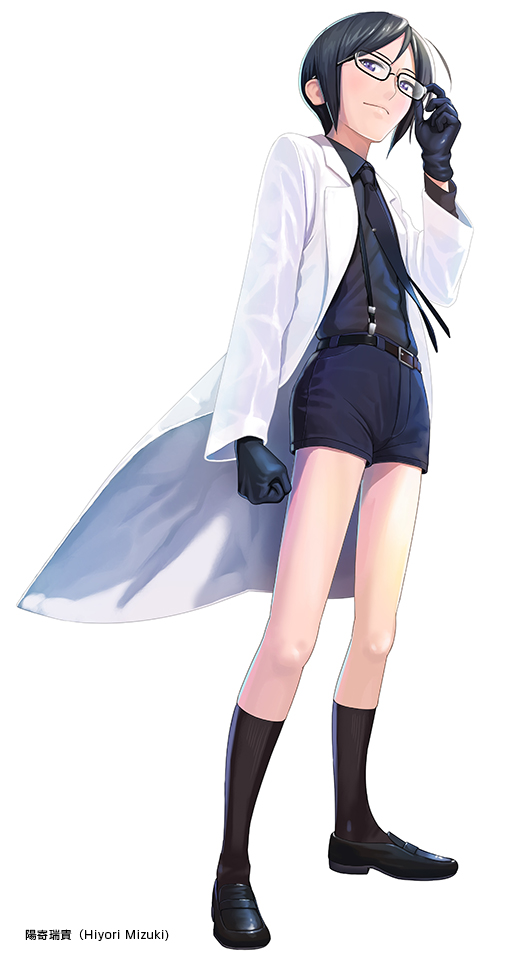 adjusting_eyewear artist_name black_gloves black_hair glasses gloves hiyori_mizuki labcoat long_legs looking_at_viewer male_focus necktie shorts smile solo suspenders touken_ranbu white_background yagen_toushirou