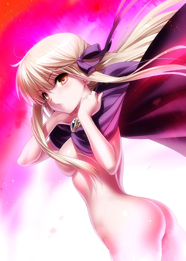 :o ass blonde_hair blush breasts brooch brown_eyes cape cowboy_shot floating_hair from_side gem hair_censor hair_ribbon jewelry long_hair looking_at_viewer looking_to_the_side naked_cape parted_lips pink_background purple_ribbon rewrite ribbon sapphire_(stone) senri_akane sideboob sidelocks simple_background small_breasts solo standing very_long_hair wind wind_lift zen