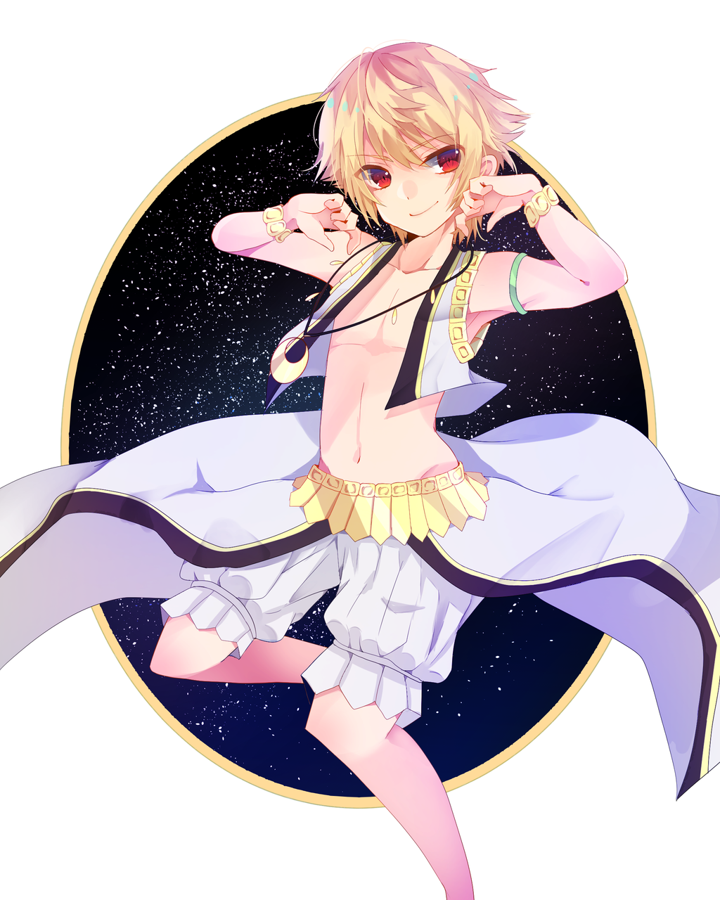blonde_hair bracelet child child_gilgamesh fate/kaleid_liner_prisma_illya fate_(series) highres jewelry male_focus navel necklace pori. red_eyes sky smile solo star_(sky) starry_sky younger