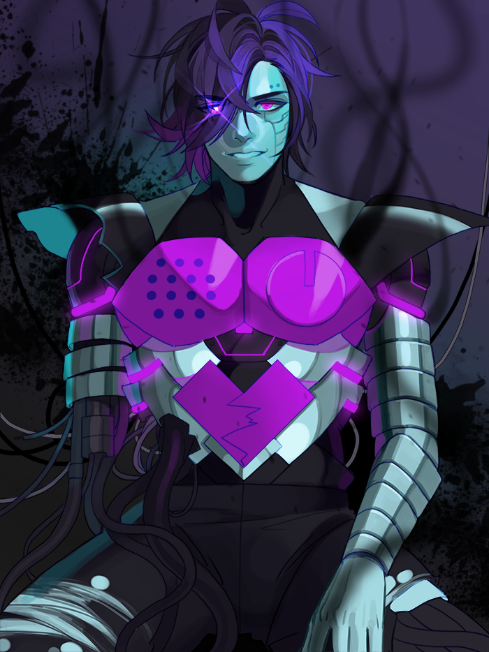 androgynous android bad_id bad_pixiv_id black_hair hair_over_one_eye lictter male_focus mettaton mettaton_ex purple_eyes smile solo undertale