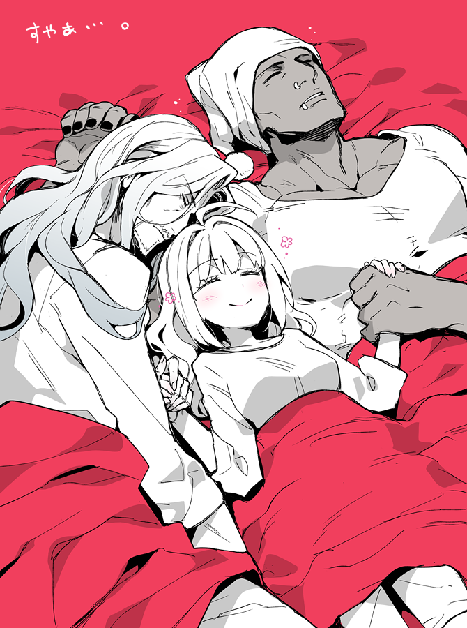 2boys bad_id bad_pixiv_id bed_sheet black_nails breasts facial_hair fate/apocrypha fate/extra fate/grand_order fate_(series) goatee hat holding_hands koshiro_itsuki long_hair multiple_boys nail_polish nero_claudius_(fate) nero_claudius_(fate)_(all) nose_piercing piercing romulus_(fate/grand_order) santa_hat sleeping smile translated vlad_iii_(fate/apocrypha)