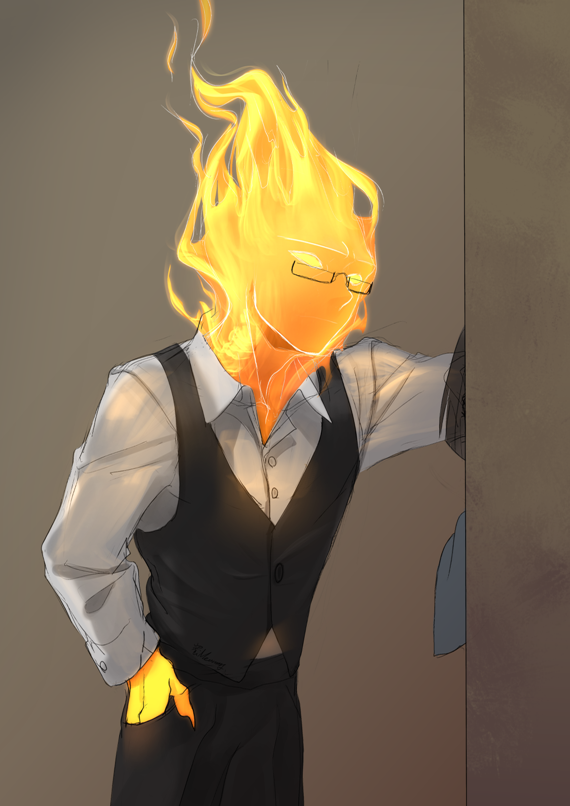 elemental_(creature) fiery_hair fire formal frisk_(undertale) glasses grillby hand_in_pocket meammy semi-rimless_eyewear shirt signature under-rim_eyewear undertale wall_slam