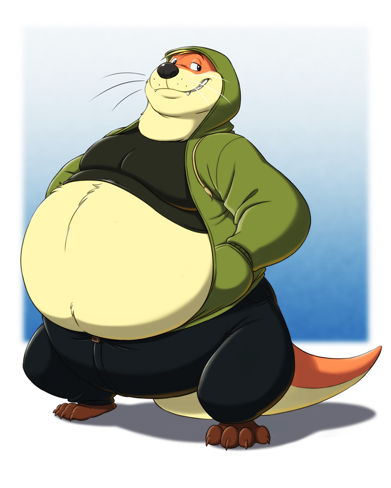 anthro barefoot belly belly_overhang big_belly claws clothed clothing double_chin fur grin hands_in_pockets hoodie male mammal moobs mustelid obese obese_male orange_fur otter overweight overweight_male pokelai simple_background smile solo standing straining_buttons tan_fur teeth toe_claws whiskers wide_hips