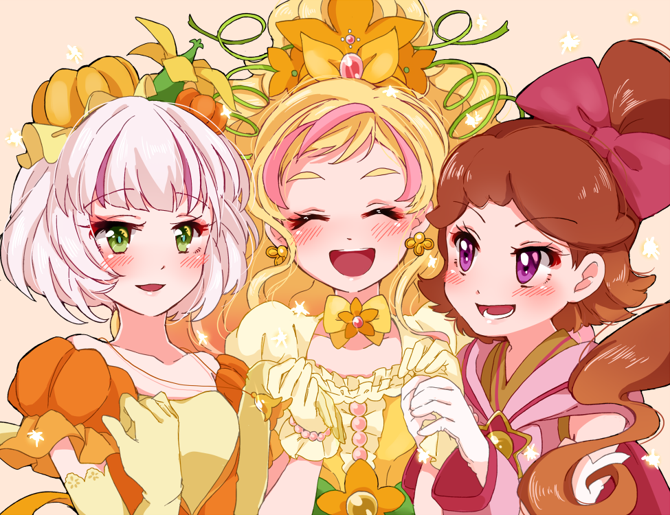bad_id bad_pixiv_id blonde_hair blush bow brown_hair closed_eyes cure_flora earrings food_themed_hair_ornament gloves go!_princess_precure green_eyes hair_bow hair_ornament haruno_haruka holding_hands jewelry long_hair magical_girl multicolored_hair multiple_girls necklace pink_bow pink_hair ponytail precure princess_pumplulu pumpkin_hair_ornament purin_(purin0) purple_eyes refi_(go!_princess_precure) sepia_background short_hair smile streaked_hair two-tone_hair upper_body yellow_bow yellow_gloves