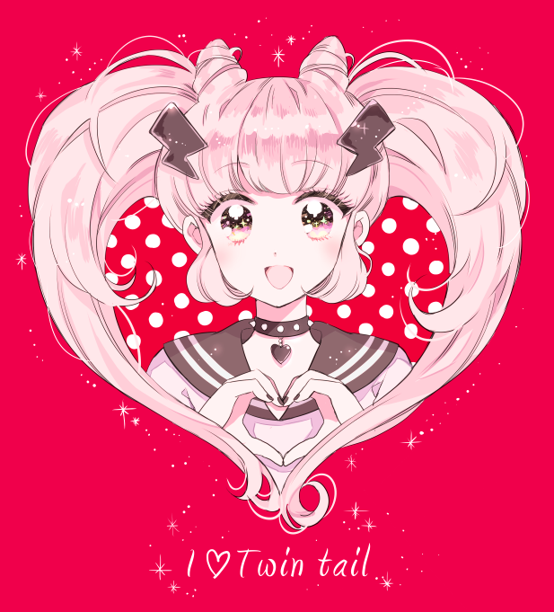 ayamo_(devi_rock) black_nails collar devi_rock double_bun heart heart_hands lightning_bolt nail_polish naki_ringo open_mouth pink_eyes pink_hair red_background sailor_collar smile solo sparkle twintails upper_body