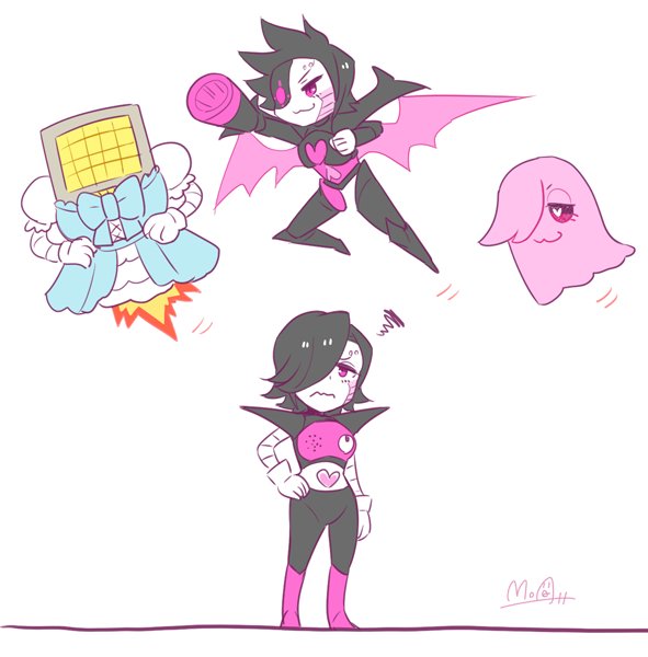 :3 arm_cannon artist_name black_hair blue_dress commentary crossdressing dress flying ghost hato_moa heart mettaton mettaton_(ghost) mettaton_ex mettaton_neo multiple_persona red_eyes robot spoilers squiggle undertale v-shaped_eyebrows weapon wings