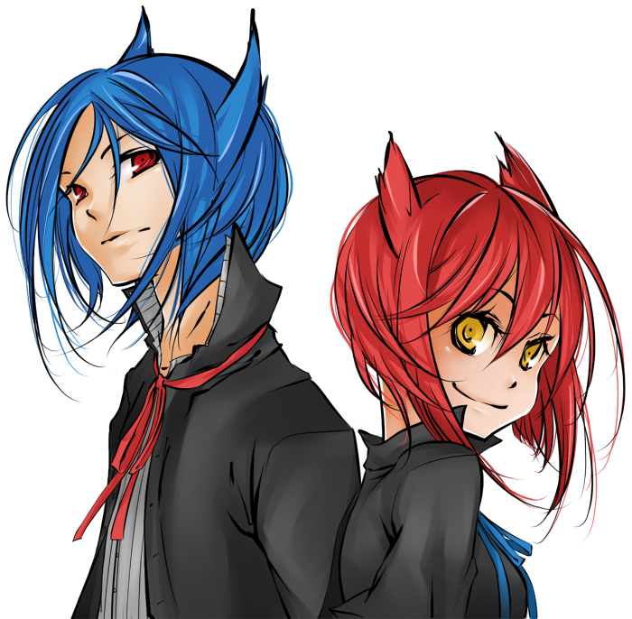 1girl almateria bad_id bad_pixiv_id banned_artist blue_hair brother_and_sister gen_3_pokemon latias latios personification pokemon red_eyes red_hair siblings yellow_eyes