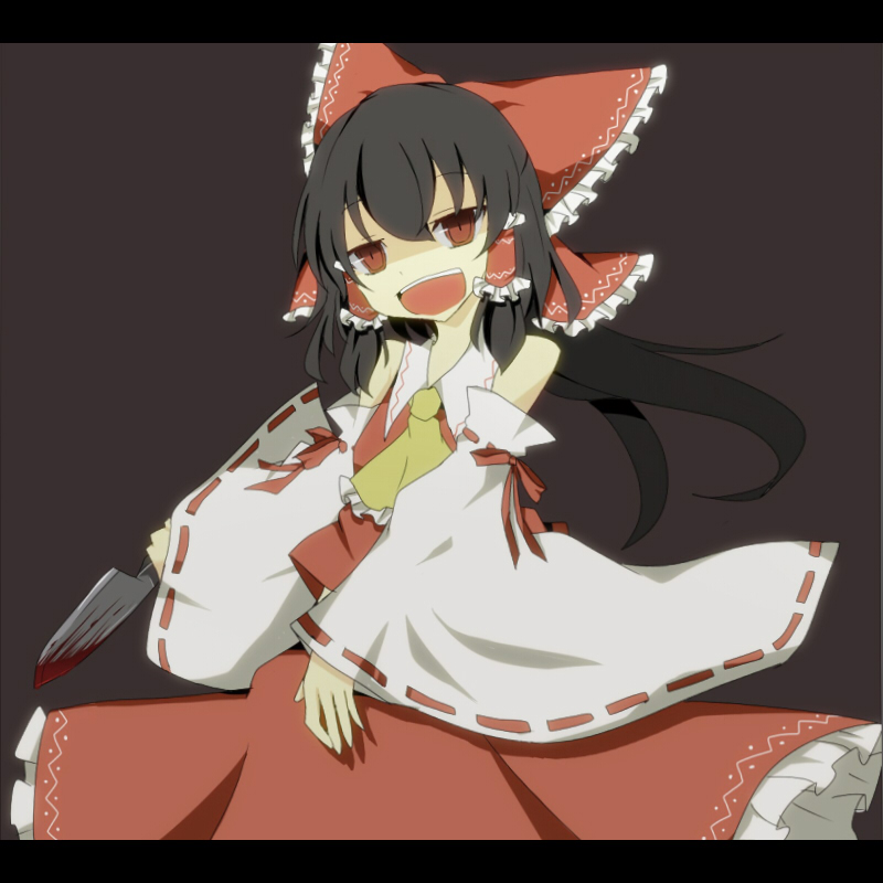 :d bad_id bad_pixiv_id black_hair blood bow commentary detached_sleeves hair_bow hakurei_reimu knife letterboxed open_mouth pasutel red_eyes smile solo touhou yandere