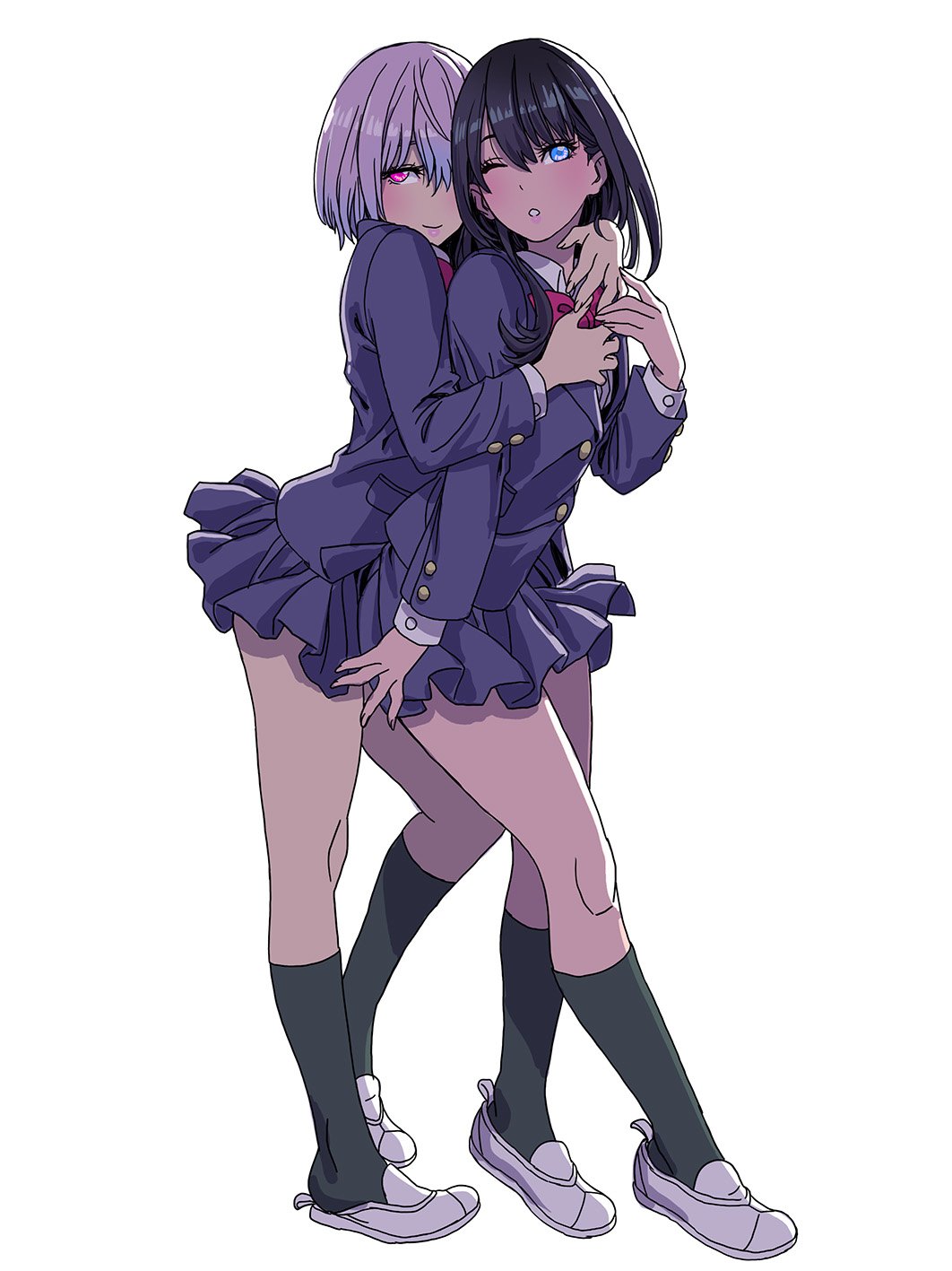 bangs black_hair black_legwear blazer blue_eyes bow bowtie buttons closed_mouth commentary_request fingernails full_body highres hug hug_from_behind jacket long_hair long_sleeves looking_at_viewer multiple_girls one_eye_closed parted_lips pleated_skirt purple_eyes purple_hair school_uniform shinjou_akane shiny shiny_hair shoes short_hair simple_background skirt smile socks ssss.gridman takarada_rikka uwabaki yamashita_shun'ya yamashita_shun'ya yuri