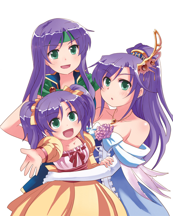 age_comparison aqua_eyes bare_shoulders costume_chart doseki_udon dress elbow_gloves faris_scherwiz final_fantasy final_fantasy_v gloves hair_ornament headband multiple_girls multiple_persona open_mouth outstretched_arm outstretched_hand ponytail purple_hair reaching sarisa_highwind_tycoon time_paradox twintails younger