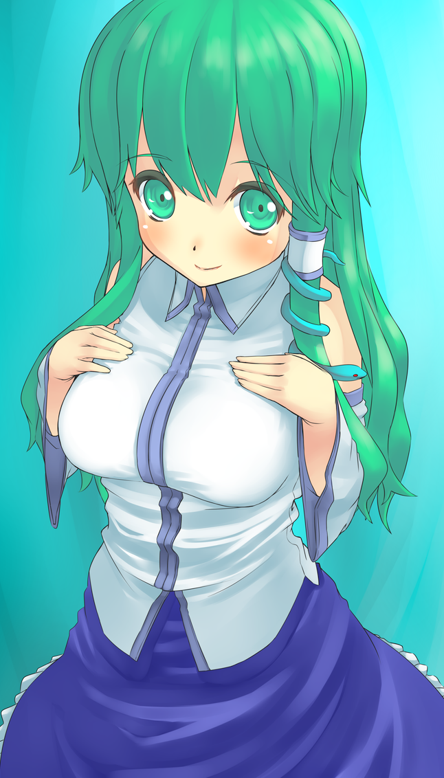 breasts detached_sleeves frog green_eyes green_hair hair_ornament japanese_clothes kochiya_sanae large_breasts long_hair snake solo touboku touhou