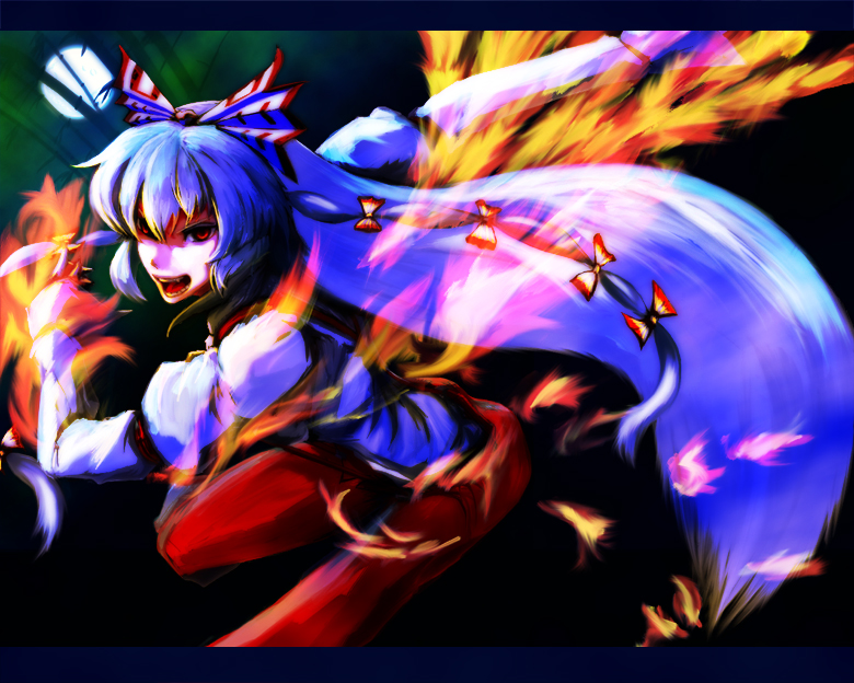 bamboo bamboo_forest fiery_wings fighting_stance fire forest fujiwara_no_mokou full_moon hair_ribbon long_hair moon moonlight nature night oborobo open_mouth red_eyes ribbon silver_hair solo teeth touhou wings