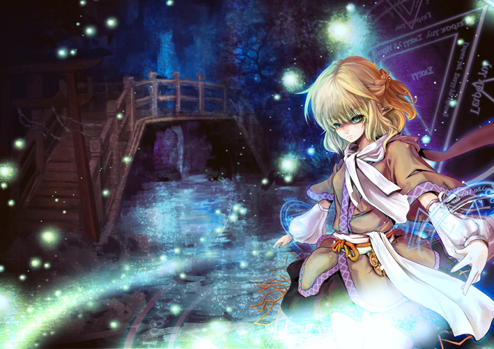 arm_warmers blonde_hair bridge green_eyes magic magic_circle mizuhashi_parsee outstretched_arms pointy_ears revision scarf sherrybt short_hair solo spread_arms touhou