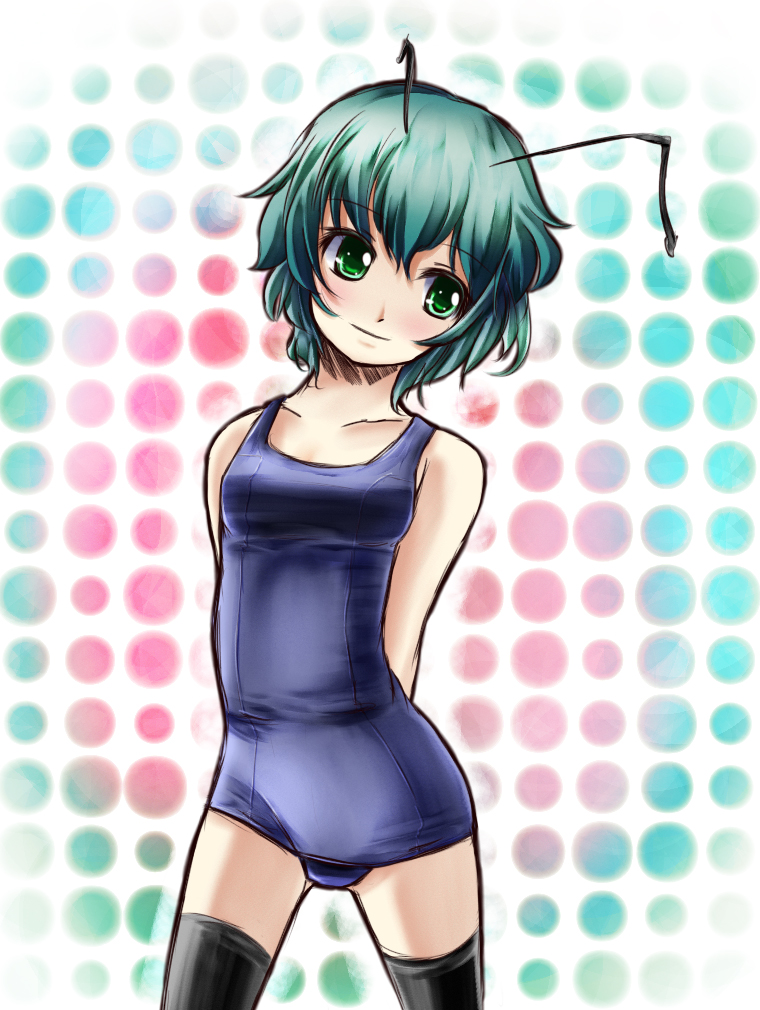 antennae bad_id bad_pixiv_id green_eyes green_hair one-piece_swimsuit r0g0b0 school_swimsuit short_hair solo swimsuit thighhighs touhou wriggle_nightbug