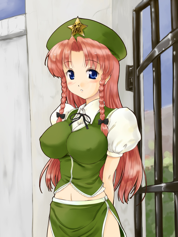blue_eyes blush braid breasts chinese_clothes gate hat hong_meiling impossible_clothes impossible_shirt large_breasts long_hair midriff navel nekohane_ryou red_hair ribbon shirt side_slit solo touhou twin_braids