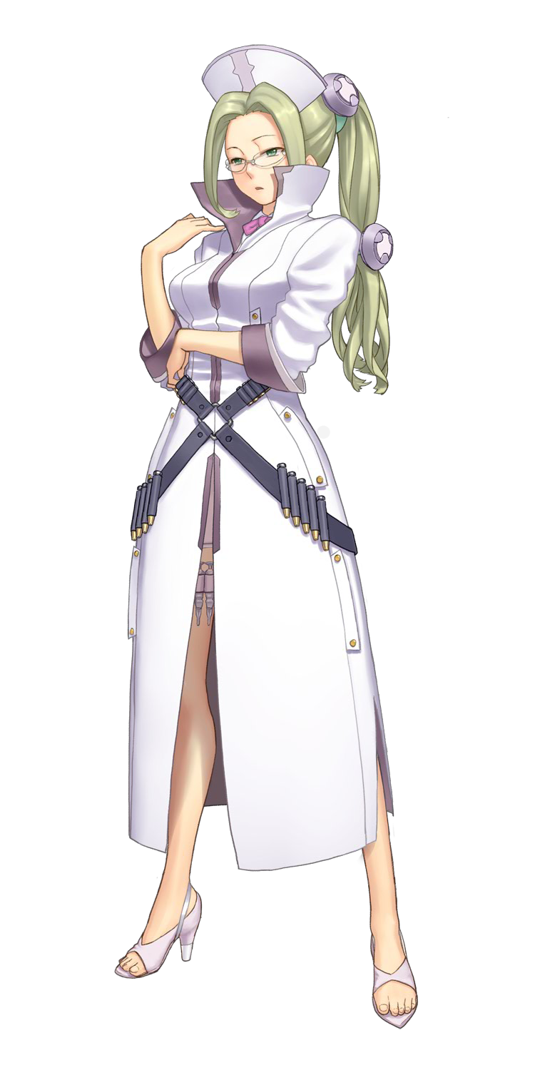ar_tonelico ar_tonelico_iii bandolier blonde_hair bow coat full_body glasses green_eyes hair_ornament hat high_heels highres labcoat long_hair nagi_ryou nurse nurse_cap official_art open_mouth ponytail sandals shoes solo syringe transparent_background yurishica
