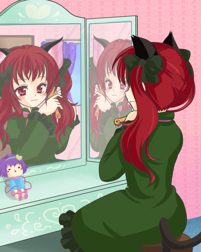 alternate_hairstyle animal_ears cat_ears cat_tail character_doll doll hair_brush hair_brushing kaenbyou_rin komeiji_satori kotomi_(happy_colors) mirror multiple_tails red_eyes red_hair tail touhou twintails