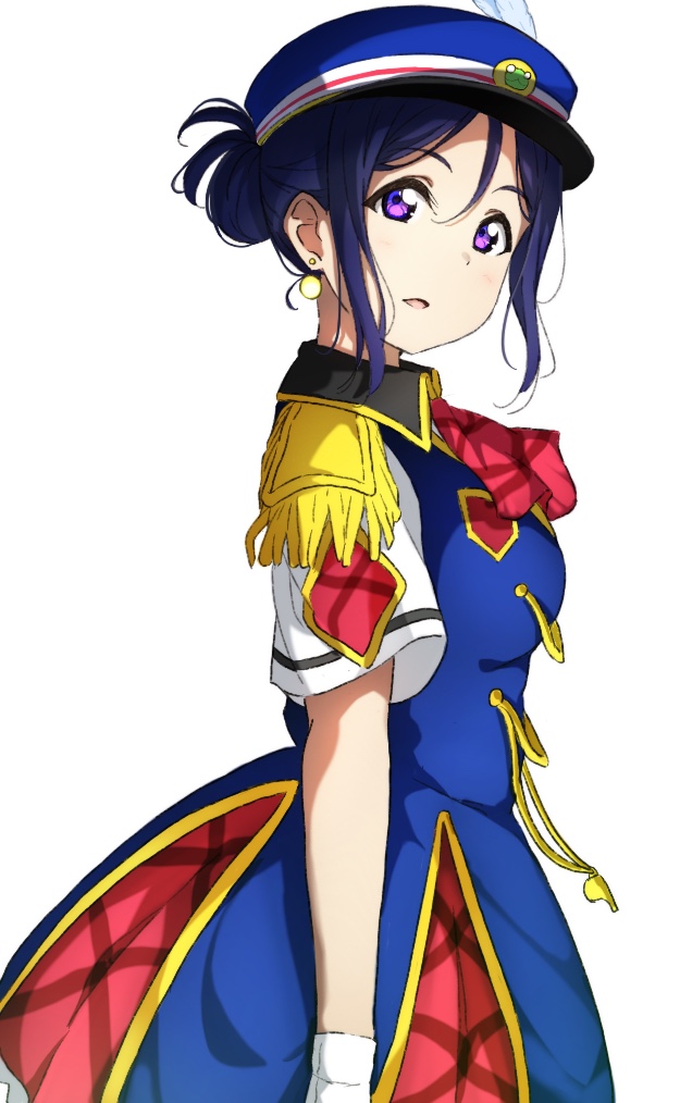 1girl alternate_hairstyle arms_at_sides ascot blue_hair blue_hat collared_dress conductor dress earrings epaulettes from_side gloves hair_bun hair_up happy_party_train hat hat_feather icehotmilktea jewelry looking_at_viewer love_live! love_live!_sunshine!! matsuura_kanan open_mouth purple_eyes red_neckwear short_sleeves sidelocks simple_background solo whistle white_background white_feathers white_gloves