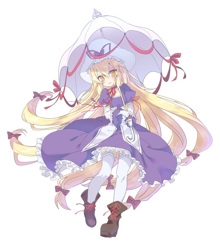 blonde_hair blush boots bow choker cross-laced_footwear curiosities_of_lotus_asia detached_sleeves dress full_body gloves hair_bow hat hat_ribbon jpeg_artifacts koikawa_minoru lace-up_boots lolikari long_hair long_sleeves looking_at_viewer mob_cap orange_eyes parasol parted_lips puffy_sleeves purple_dress ribbon ribbon_choker short_sleeves simple_background solo thighhighs touhou umbrella very_long_hair white_background white_gloves white_legwear wide_sleeves yakumo_yukari